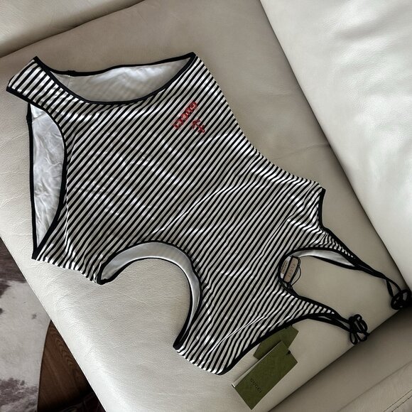 NEW GUCCI STRETCH-JERSEY WEAVE LOGO EMBROIDERY CUT-OUT Striped SWIMSUIT Sz XL - Picture 4 of 9
